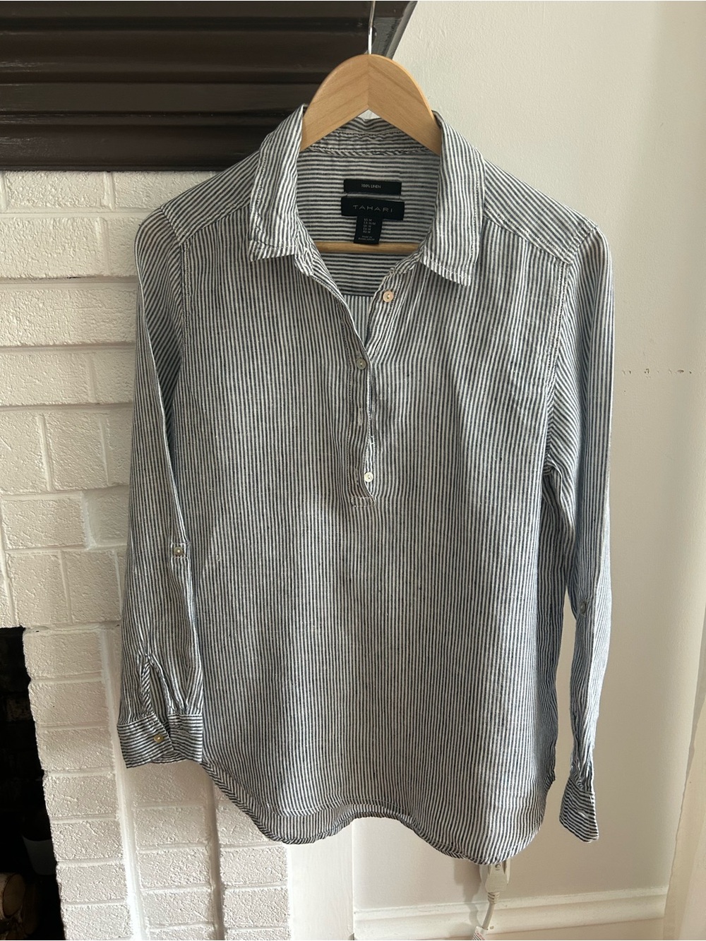 Tahari Grey and White Striped Linen Long-Sleeve Shirt